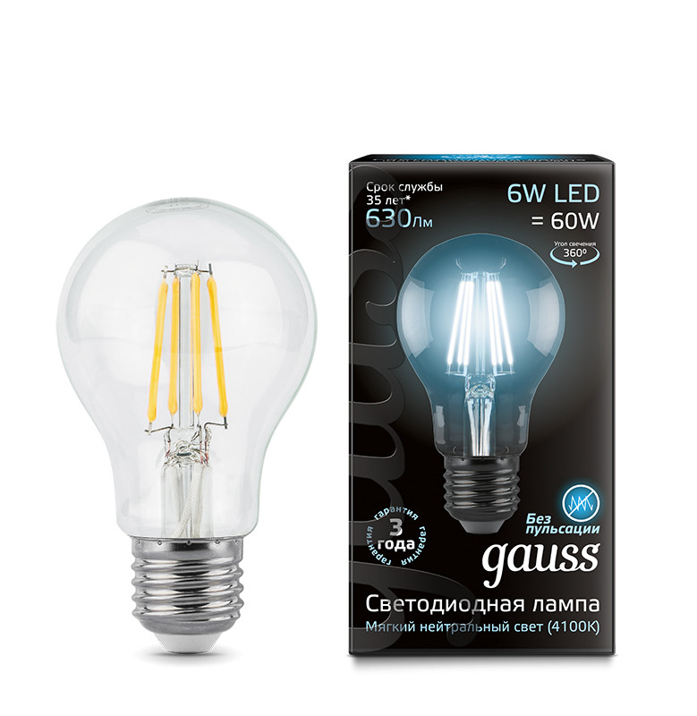 Светодиодная лампа Gauss 102802206 gauss led filament a60 e27 6w 4100к 1 10 51