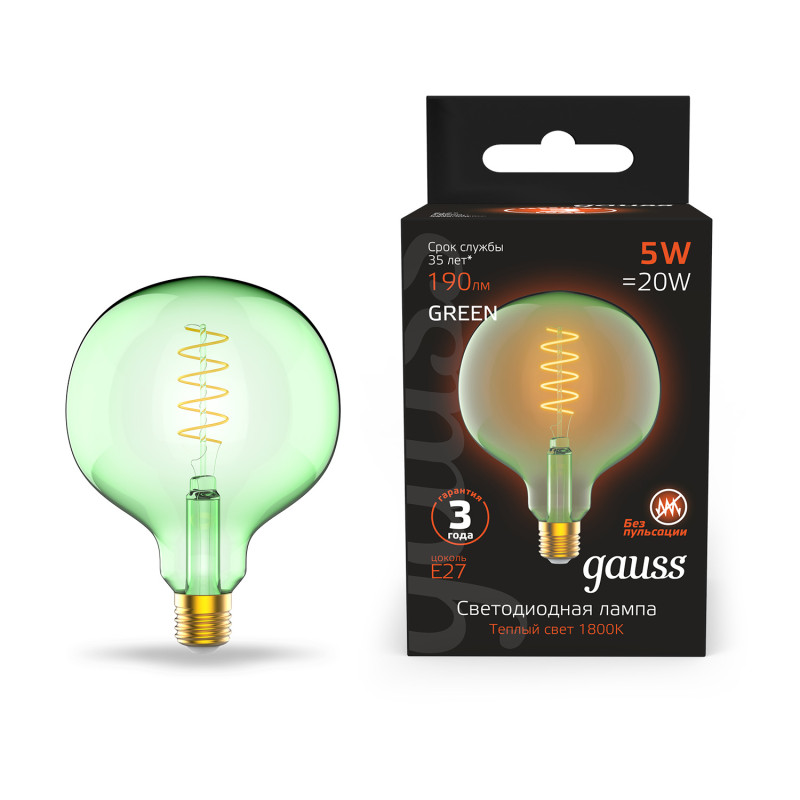 лампа gauss filament flexible g125 5w 1800к е27 green Светодиодная лампа Gauss 1012802105