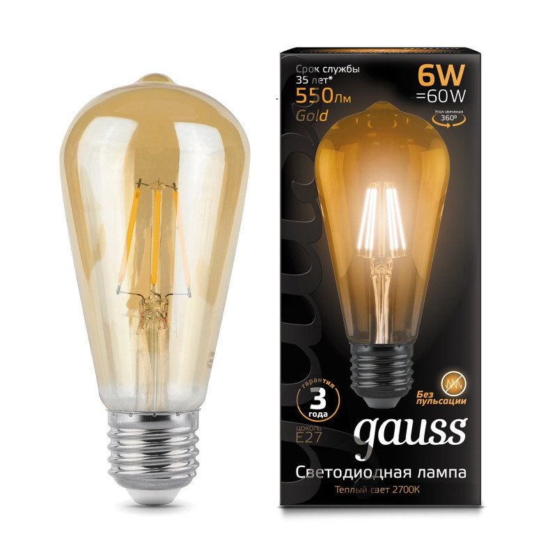 Светодиодная лампа Gauss 102802006 gauss led filament a60 e27 6w 4100к 1 10 51